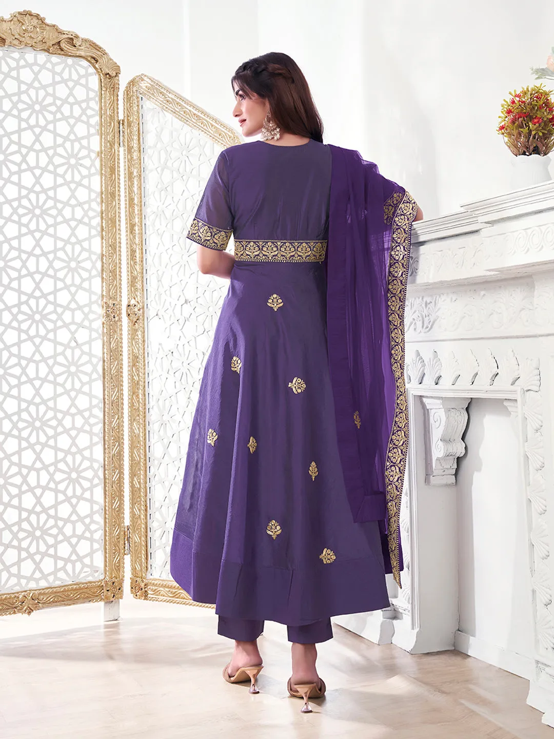 Ethnic Motifs Embroidered Chanderi Cotton A-Line Kurta With Trousers & Dupatta