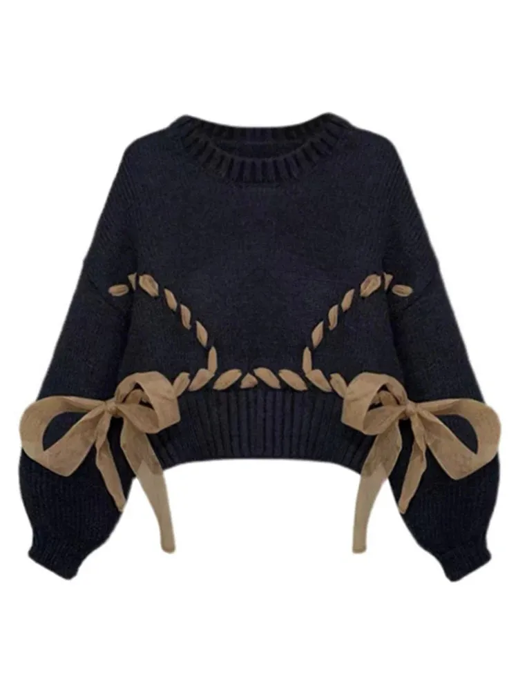 Fashionkova Christmas outfit Autumn Winter Woman Korean Vintage Design Crop Sweater Long Sleeve Pullovers Knitwears Coquette 2000s Aesthetic Mori Girl Jumper