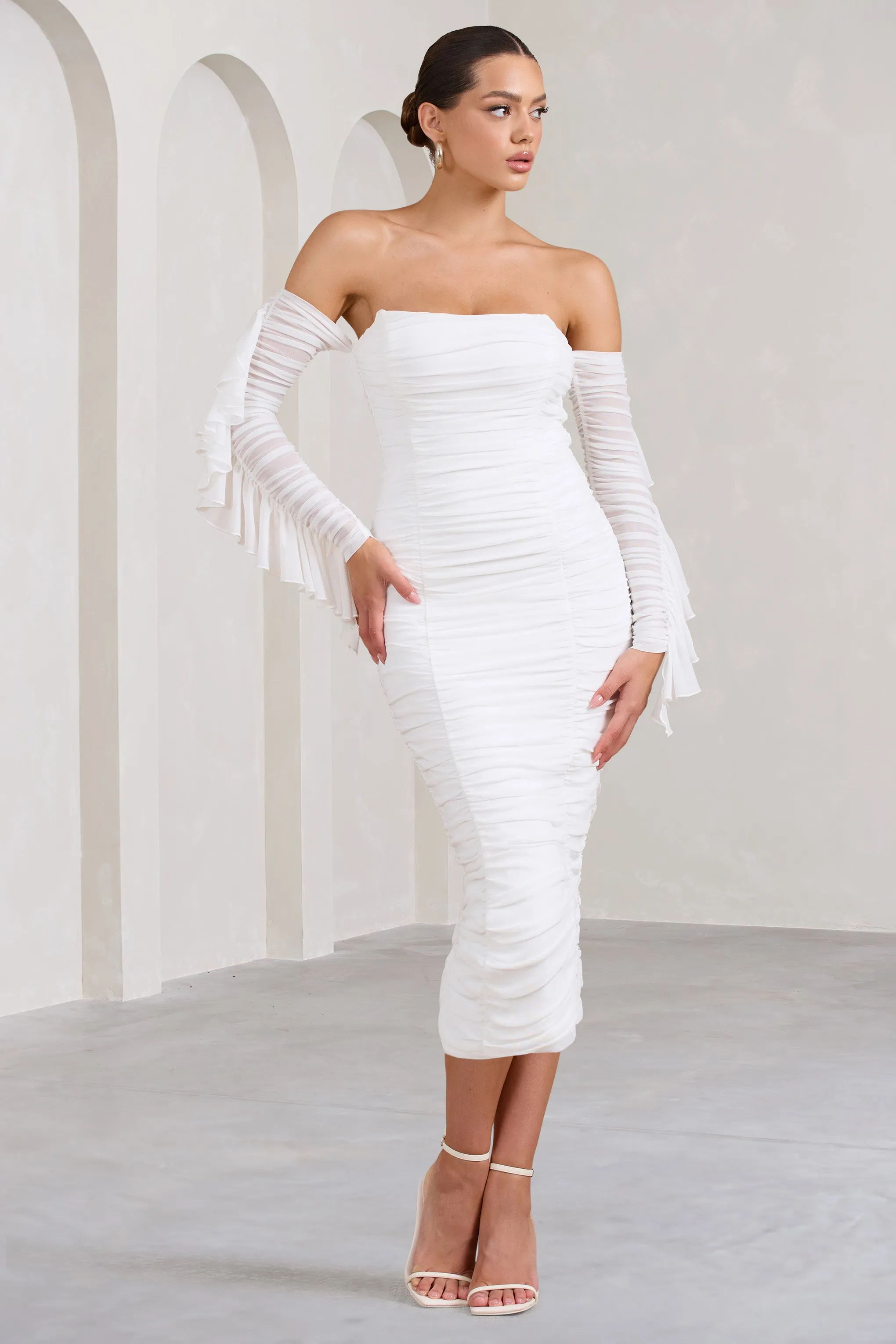 Favor | White Ruched Mesh Bardot Midi Dress