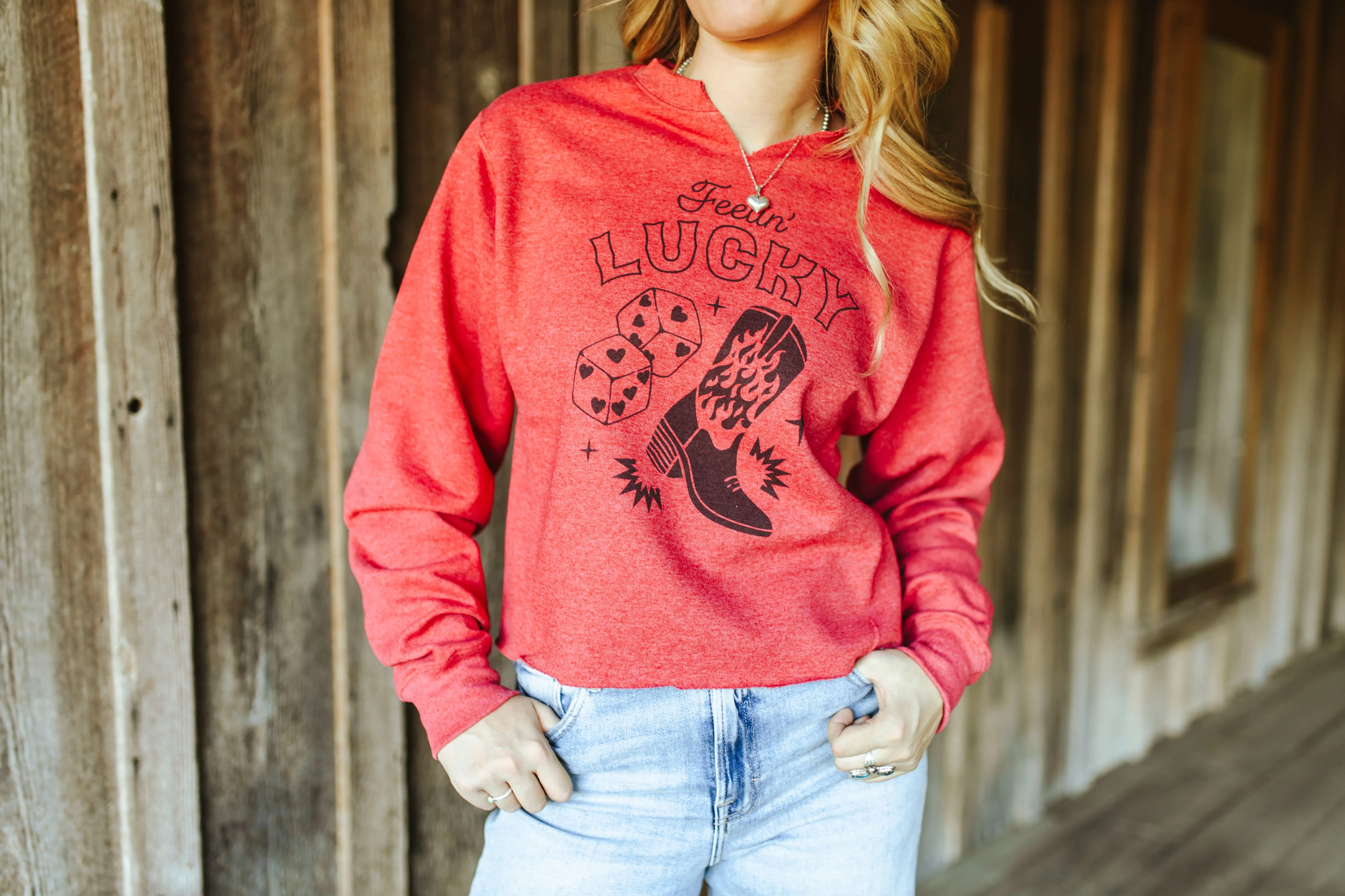 Feelin' Lucky Raw Hem V-Neck Crop Graphic Sweatshirt