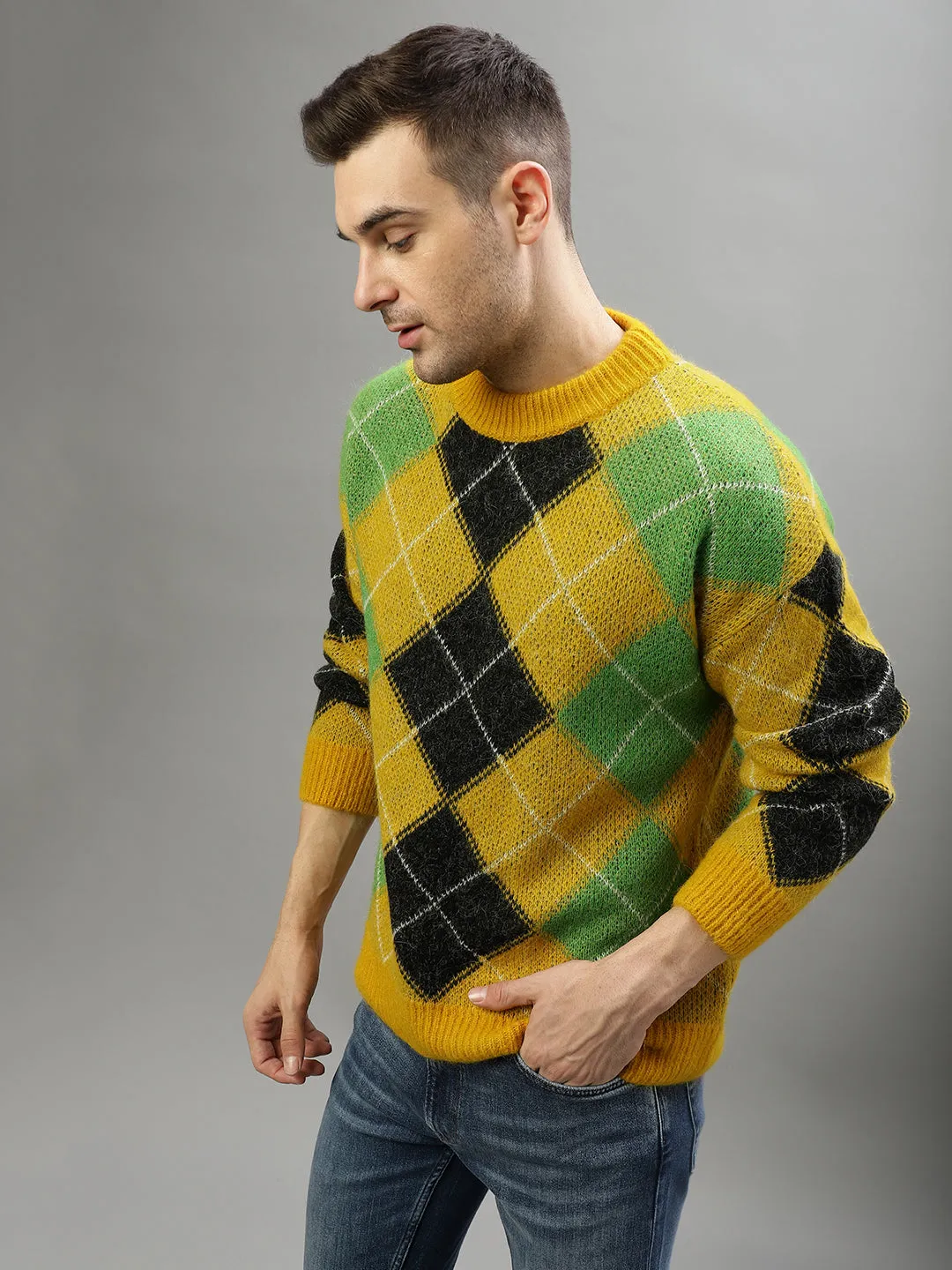 Gant Men Yellow Checked Round Neck Full Sleeves Sweater