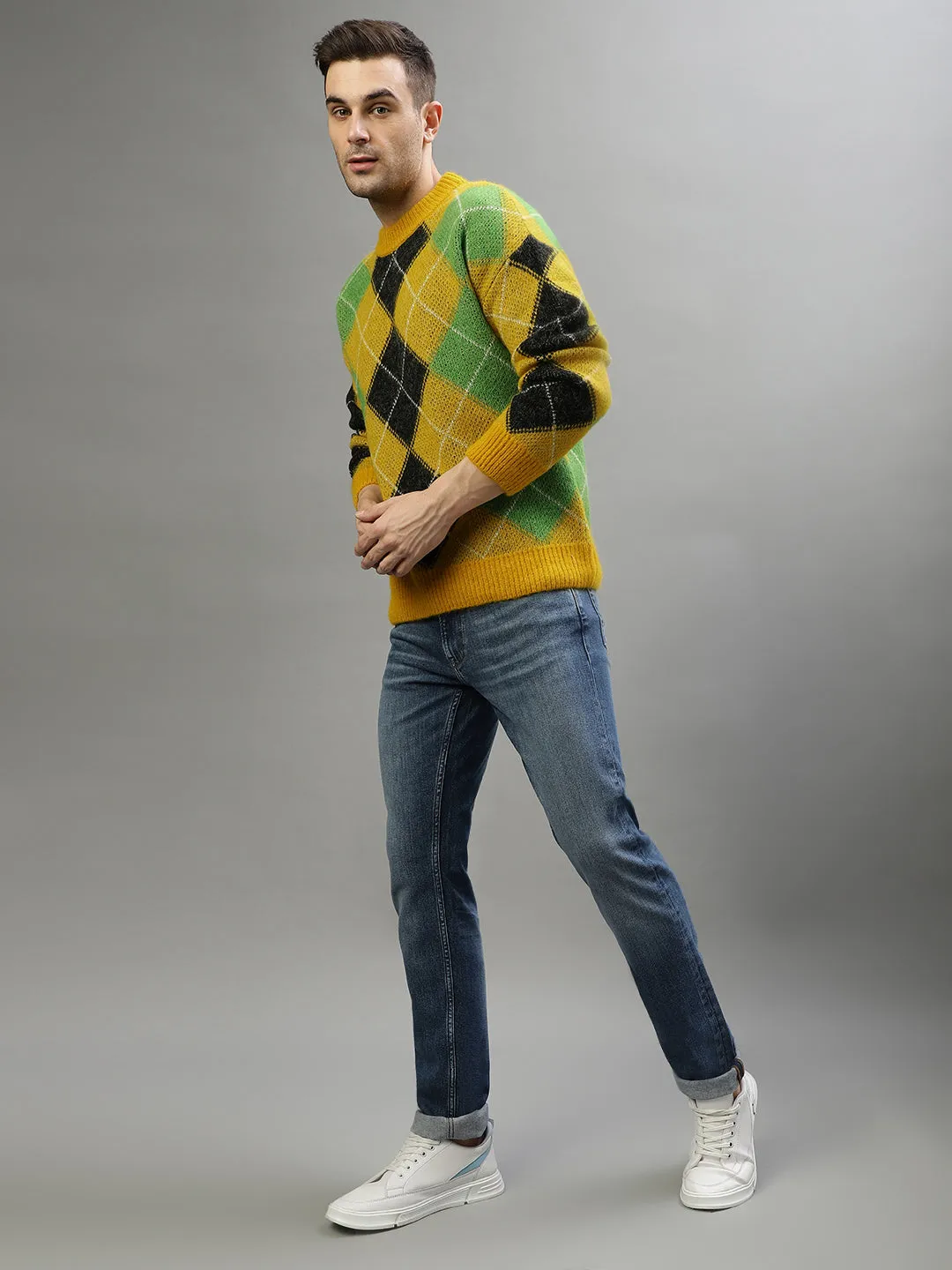 Gant Men Yellow Checked Round Neck Full Sleeves Sweater