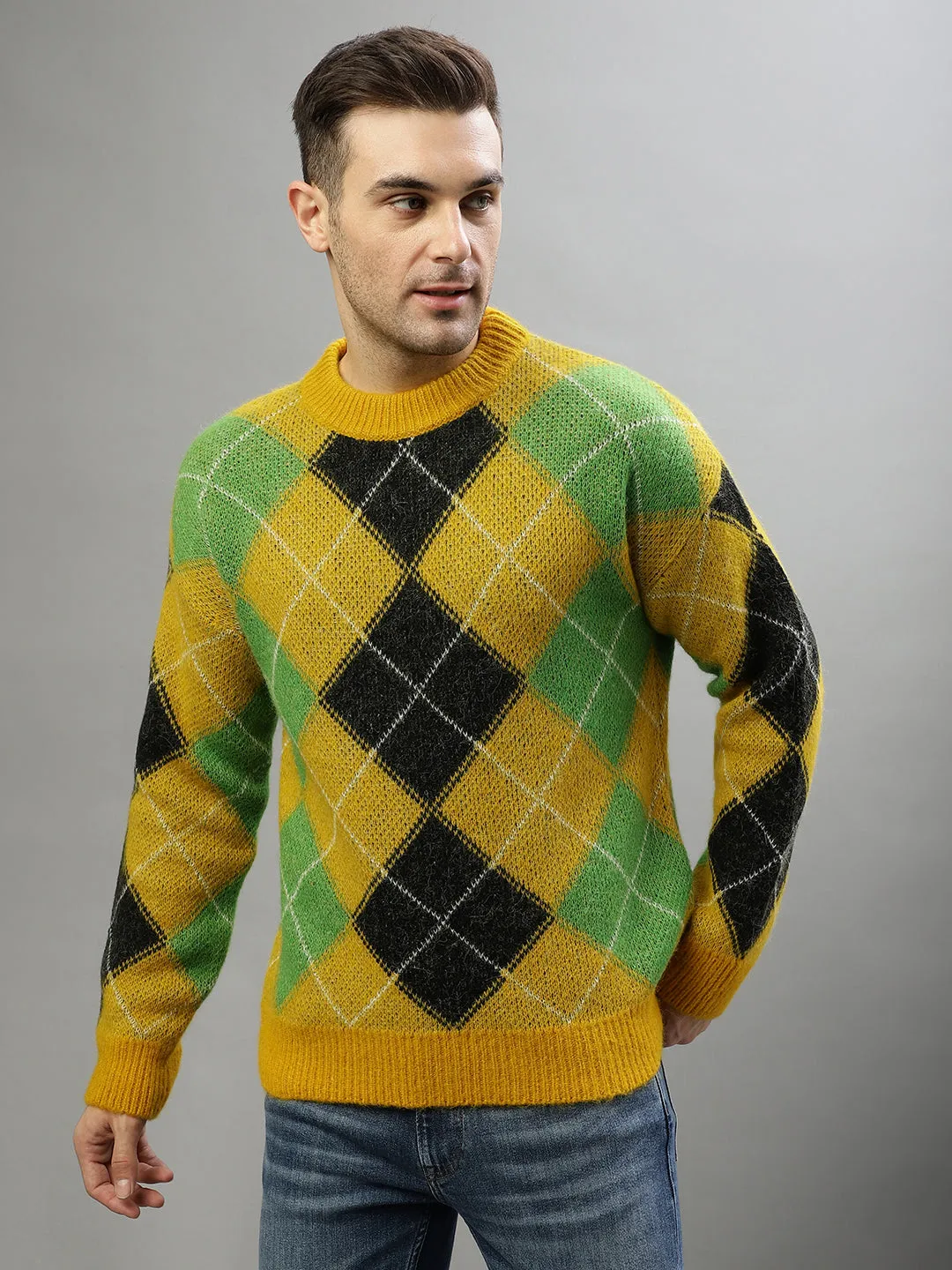 Gant Men Yellow Checked Round Neck Full Sleeves Sweater