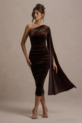 Gianna | Chocolate Velvet One Shoulder Cape Bodycon Midi Dress