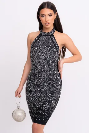 Gigi VIP Luxe Black Rhinestone High-neck Bandage Bodycon Dress