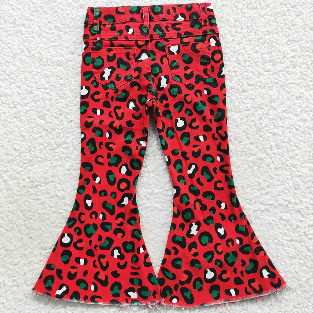 Girls Denim Bell Pants Red Leopard Jeans Pants P0229