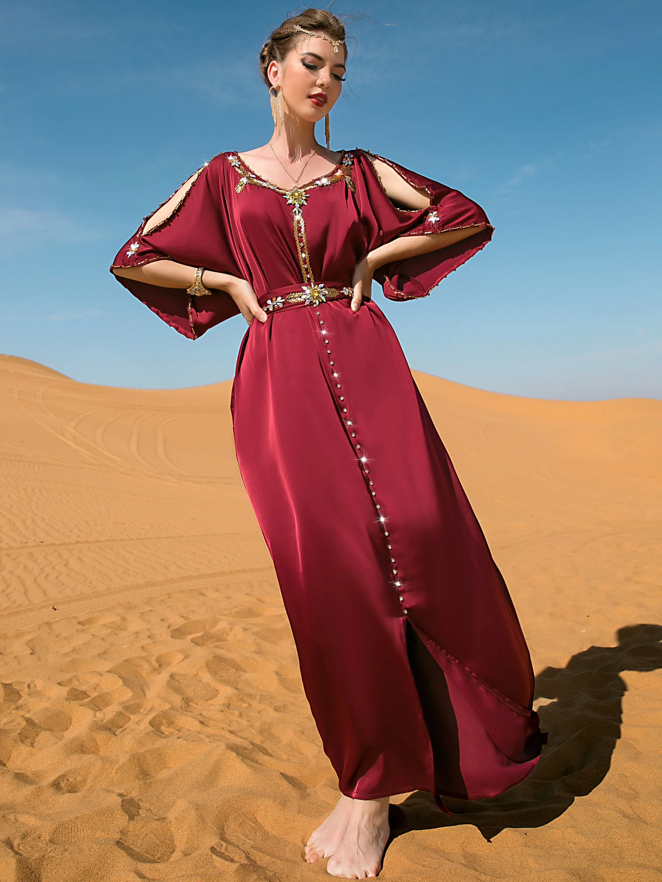 Glittering Rhinestoned Ramadan Abayas - Crew Neck Belted Maxi Dress with Split Cut Out Flare Sleeves - Perfect for Elegant Party Wear