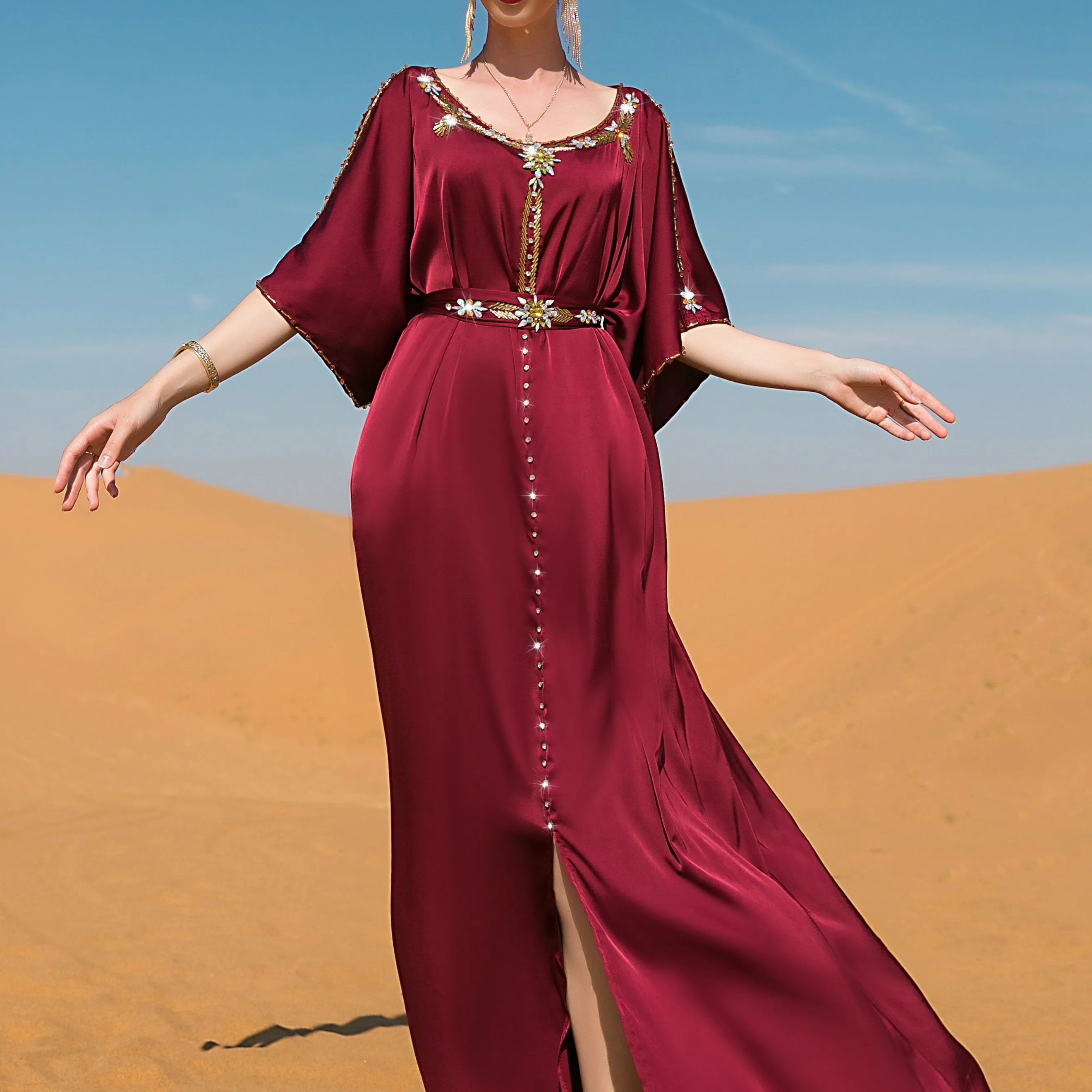 Glittering Rhinestoned Ramadan Abayas - Crew Neck Belted Maxi Dress with Split Cut Out Flare Sleeves - Perfect for Elegant Party Wear