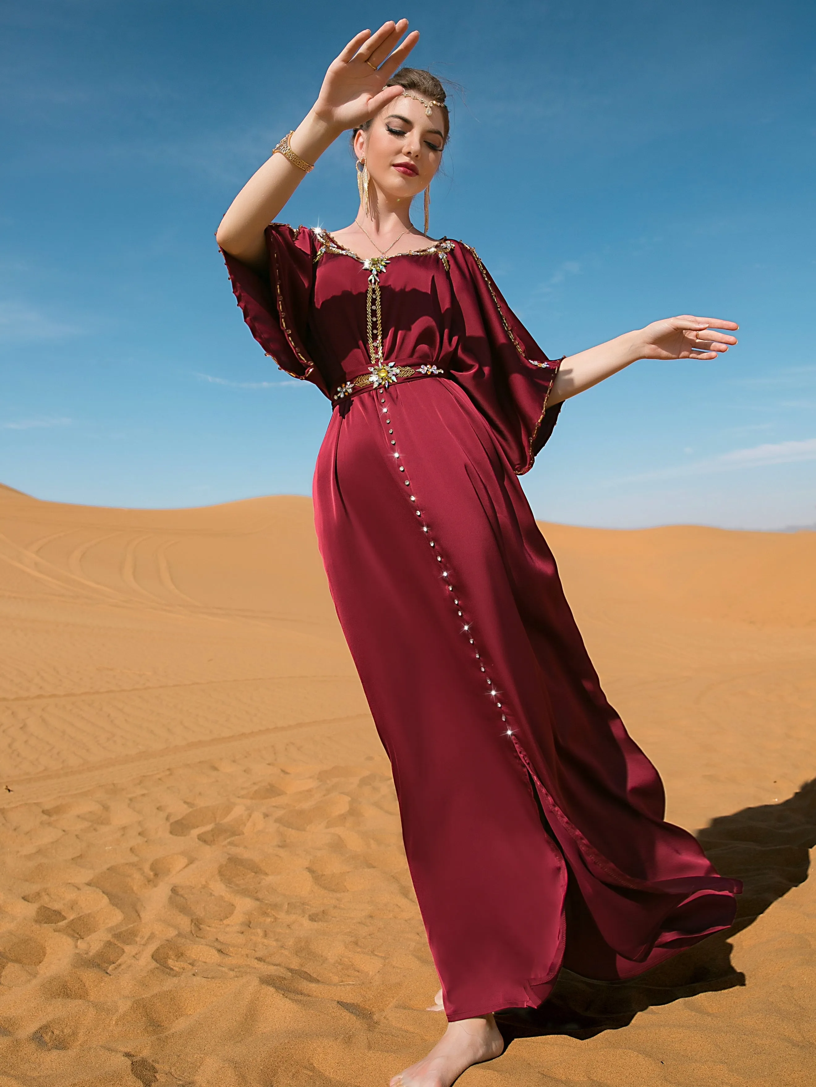 Glittering Rhinestoned Ramadan Abayas - Crew Neck Belted Maxi Dress with Split Cut Out Flare Sleeves - Perfect for Elegant Party Wear