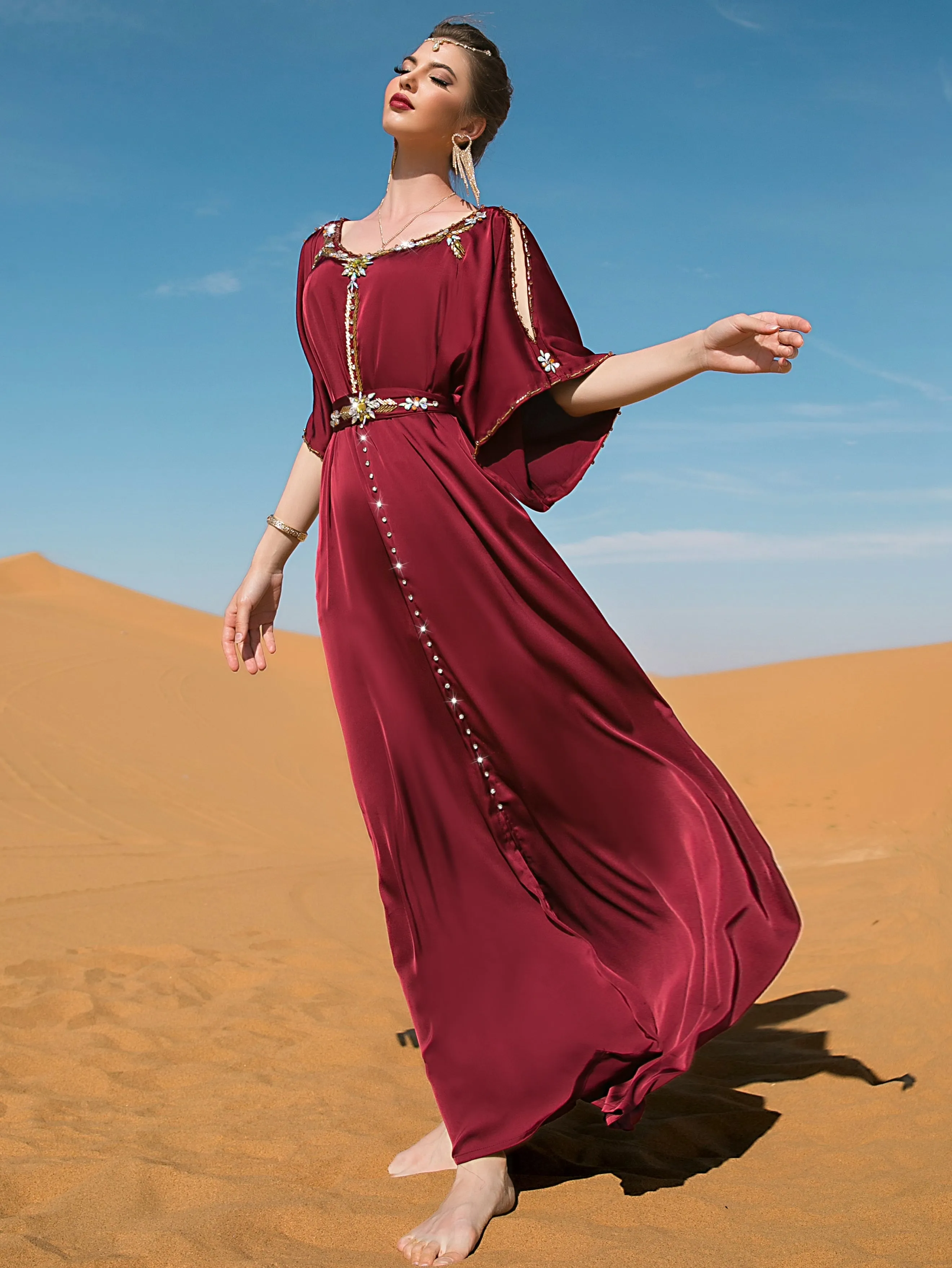 Glittering Rhinestoned Ramadan Abayas - Crew Neck Belted Maxi Dress with Split Cut Out Flare Sleeves - Perfect for Elegant Party Wear