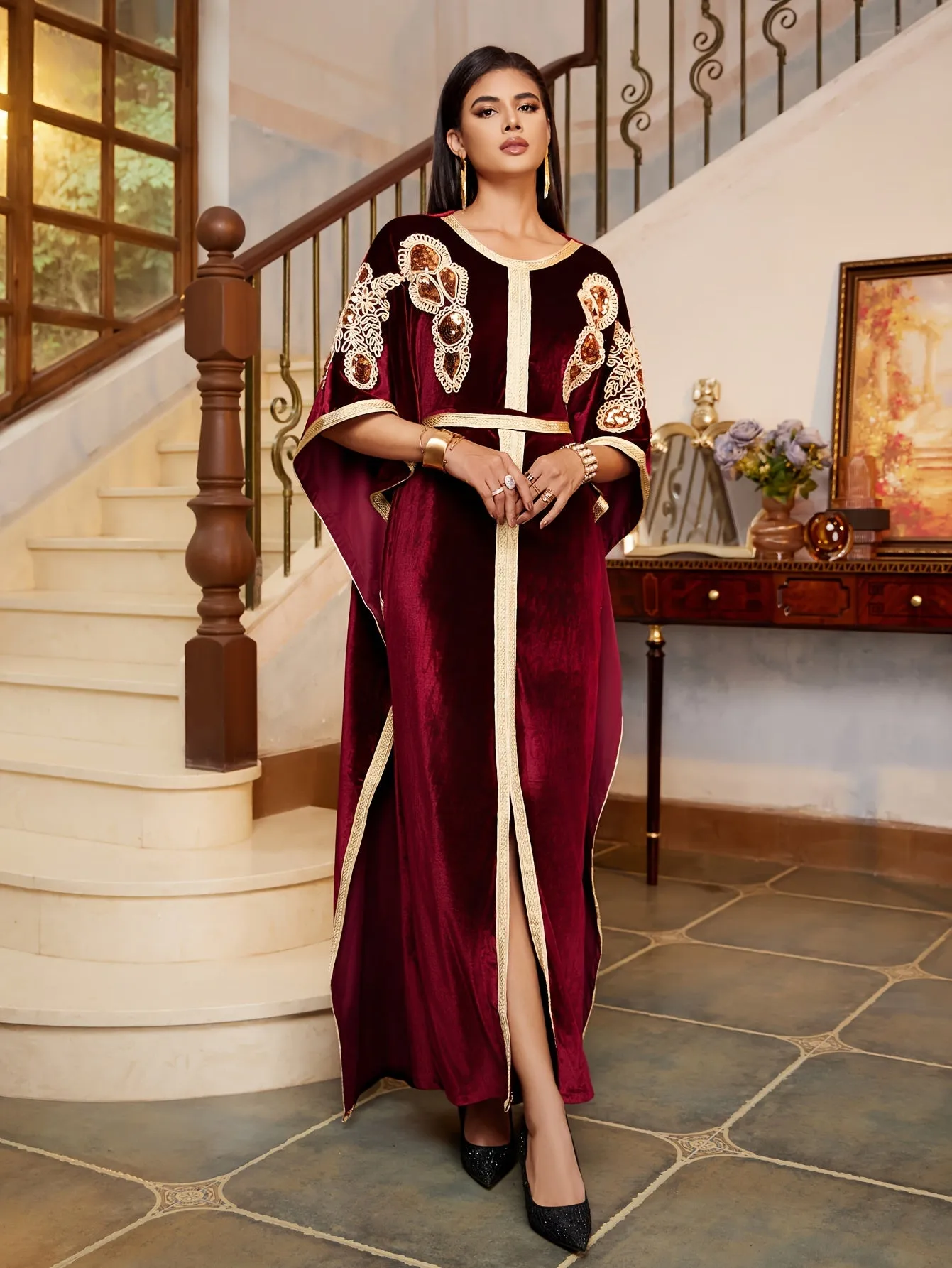 Glittering Sequined Velvet Dress - Dramatic Batwing Sleeves & Split Maxi Length - Chic, Modest Evening Wear for Women