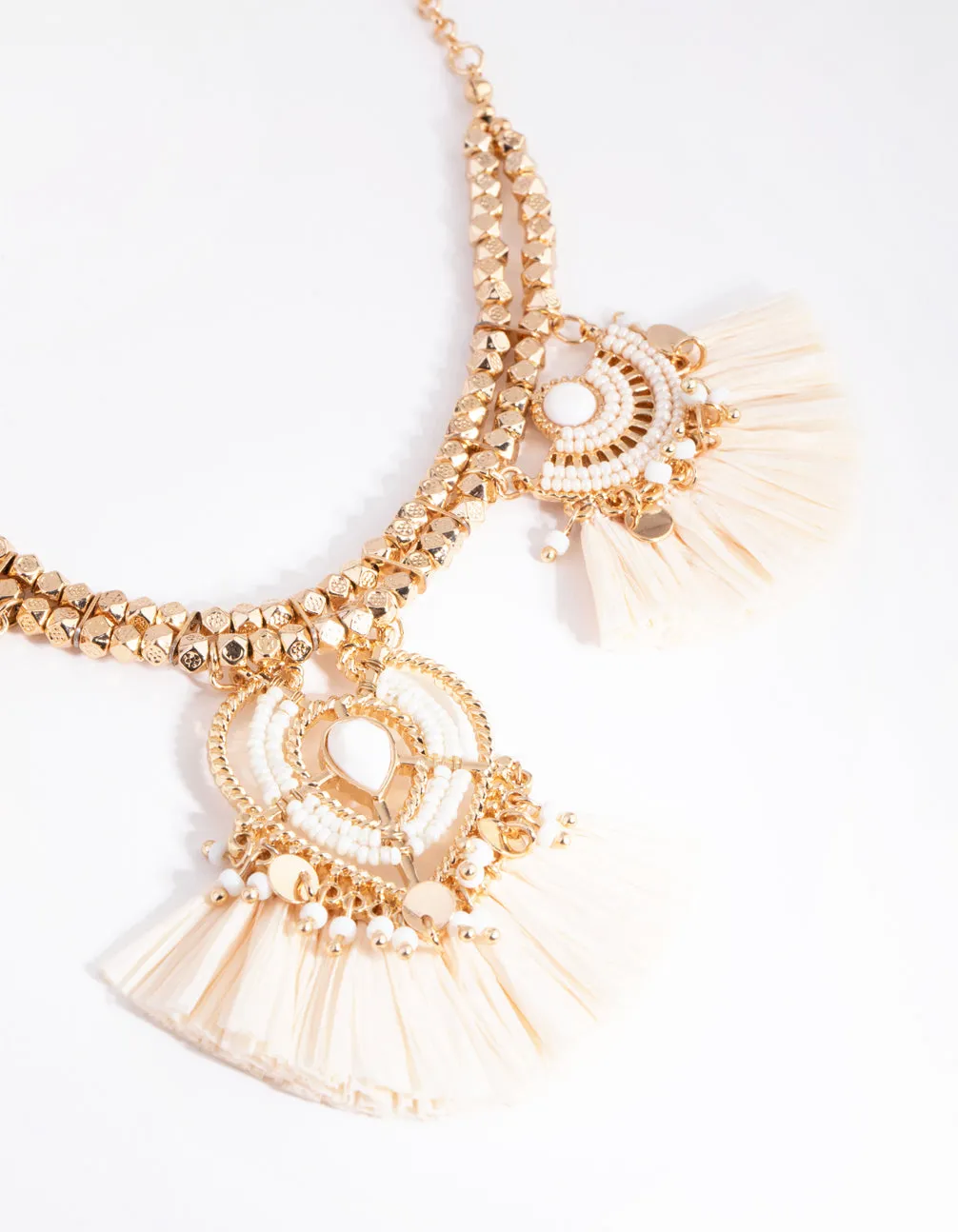 Gold Raffia Bead Tassel Necklace