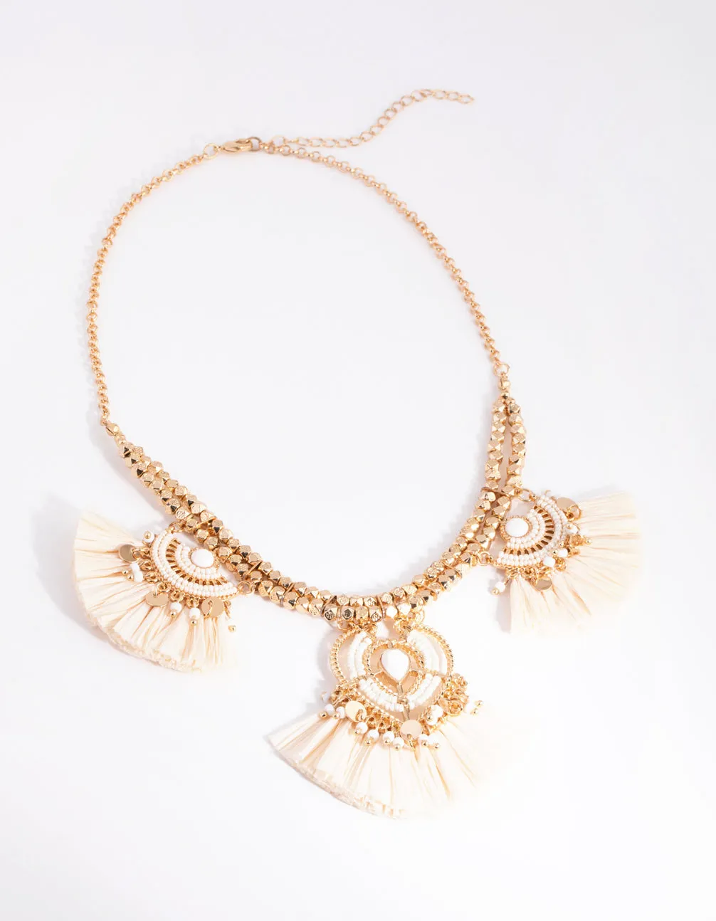 Gold Raffia Bead Tassel Necklace