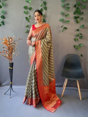 Grey Saree in Organza Leheriya