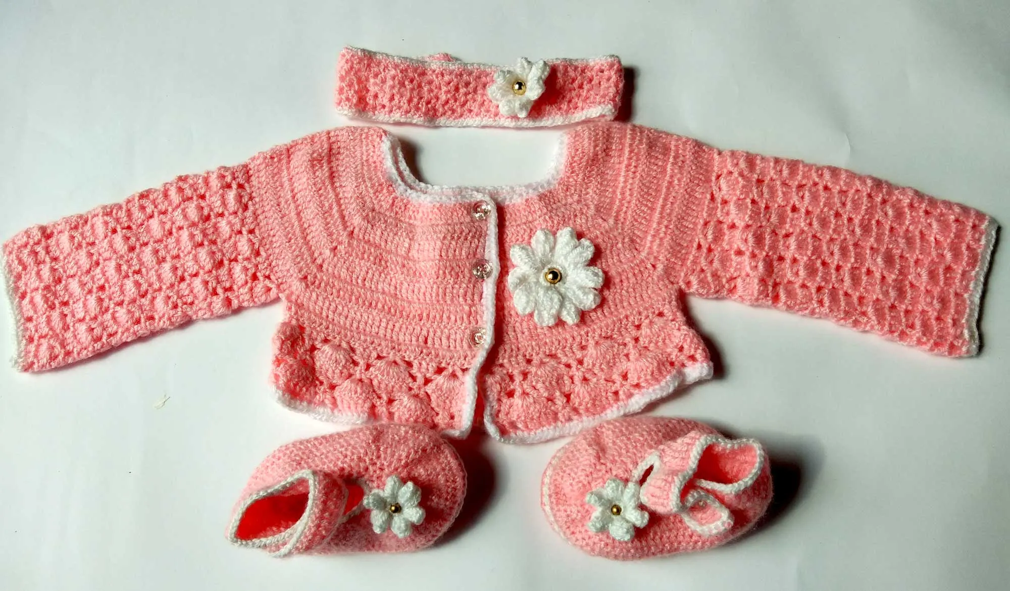 Handmade Woolen Crochet Baby Frock With Short Jacket Sweater Set (4Pcs Set) - White & Pink