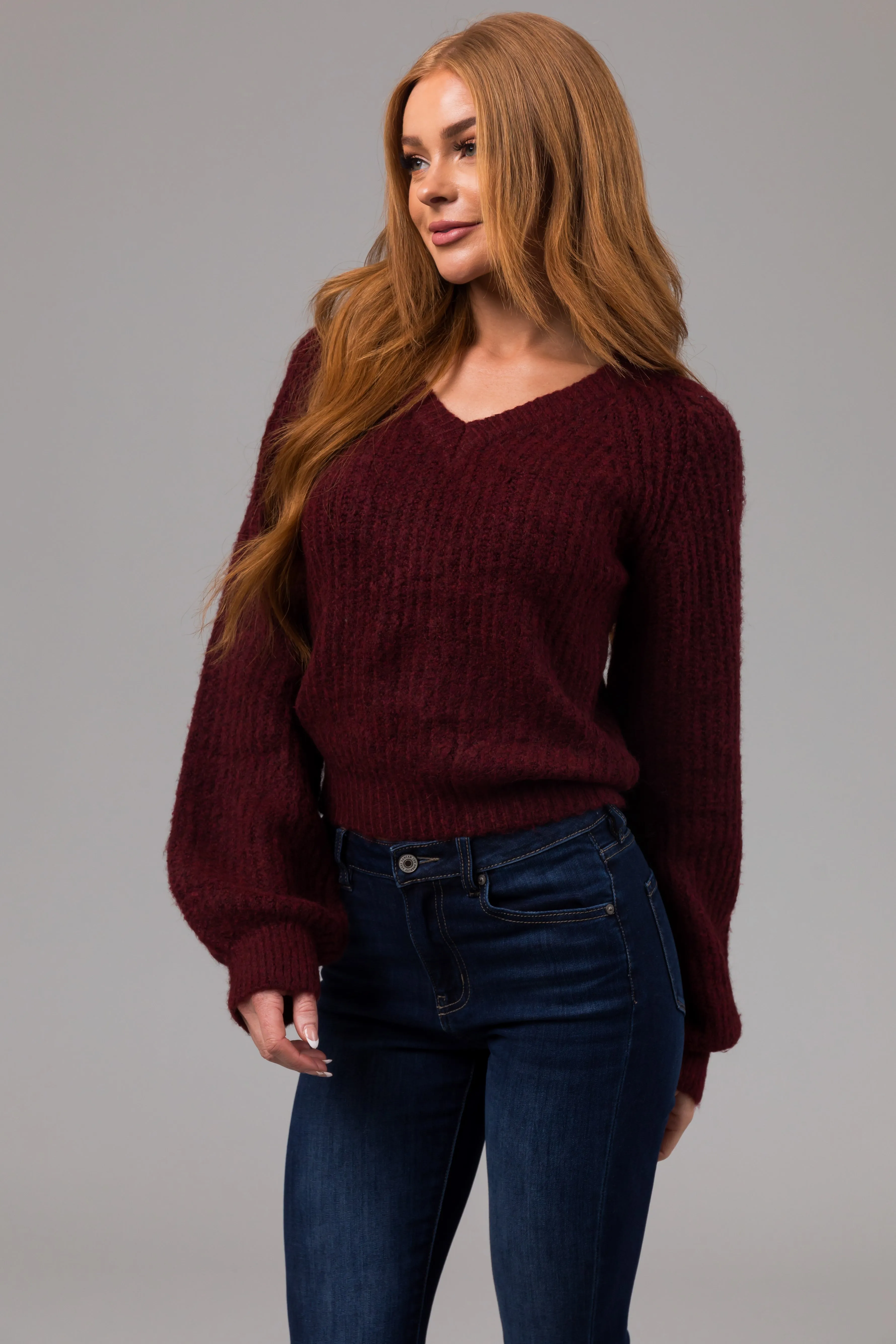 Heathered Maroon V Neck Bubble Sleeve Sweater