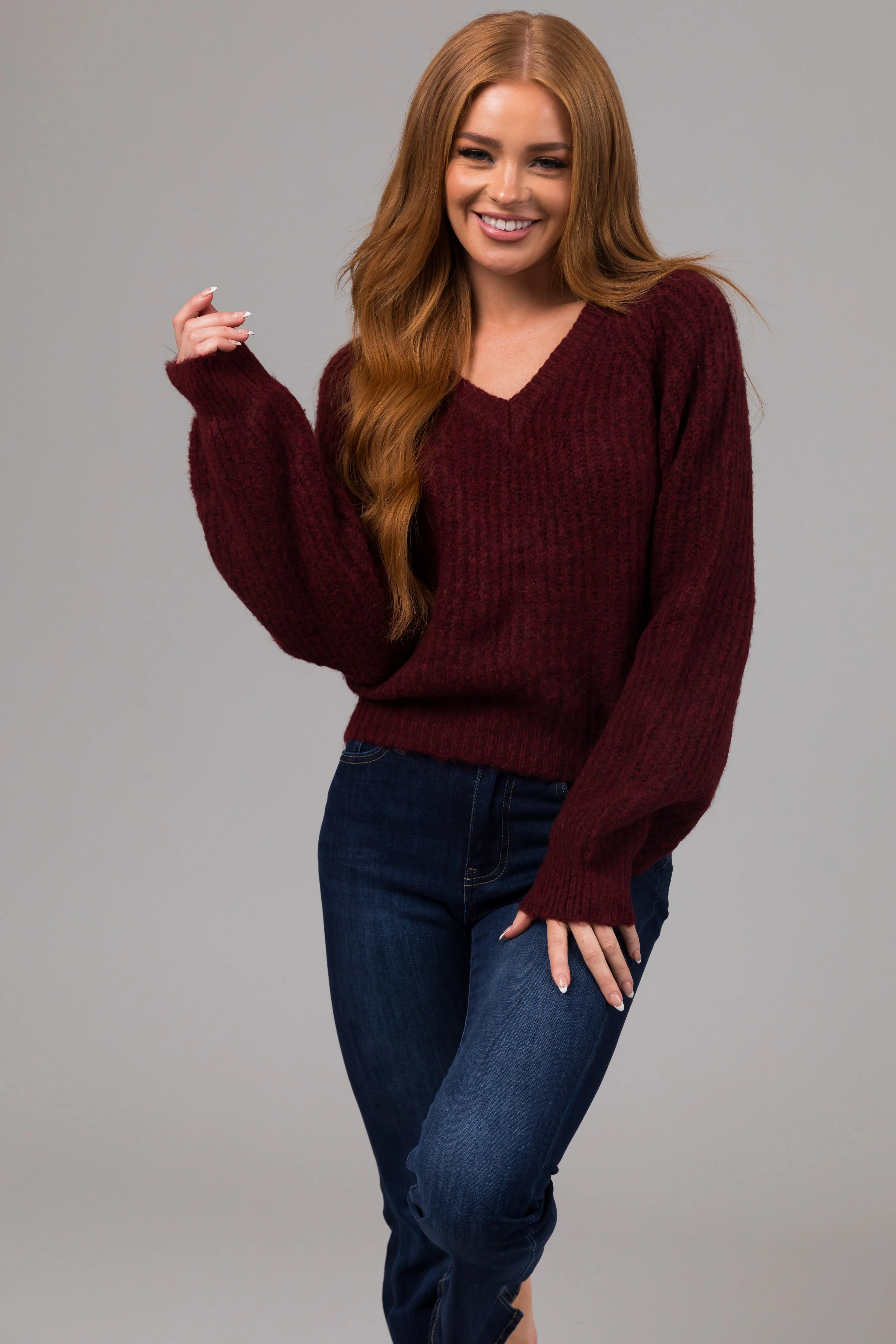 Heathered Maroon V Neck Bubble Sleeve Sweater