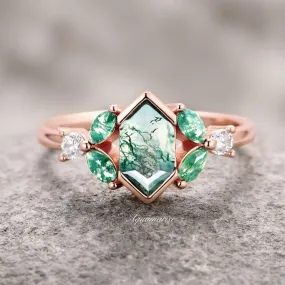 Hexagon Moss Agate Leaf Ring- 14K Rose Gold Vermeil