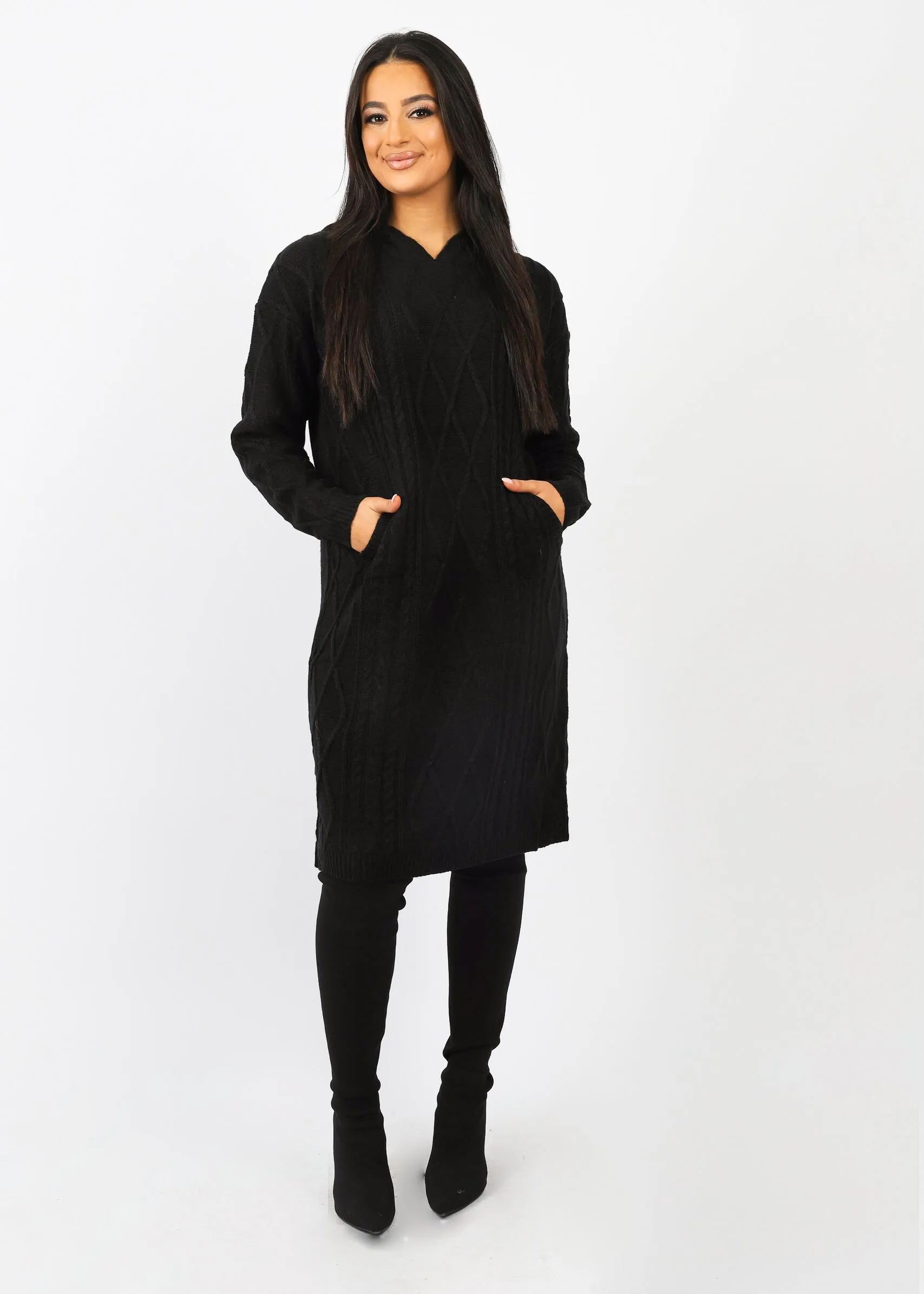 Hooded Cable Knit Midi Jumper