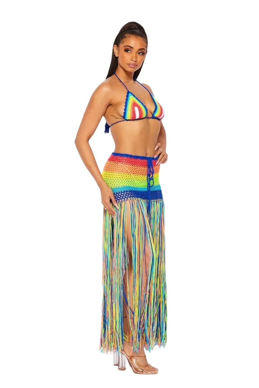 Hot & Delicious Women's Seas The Day Rainbow Fringe Maxi Crochet Bra Top