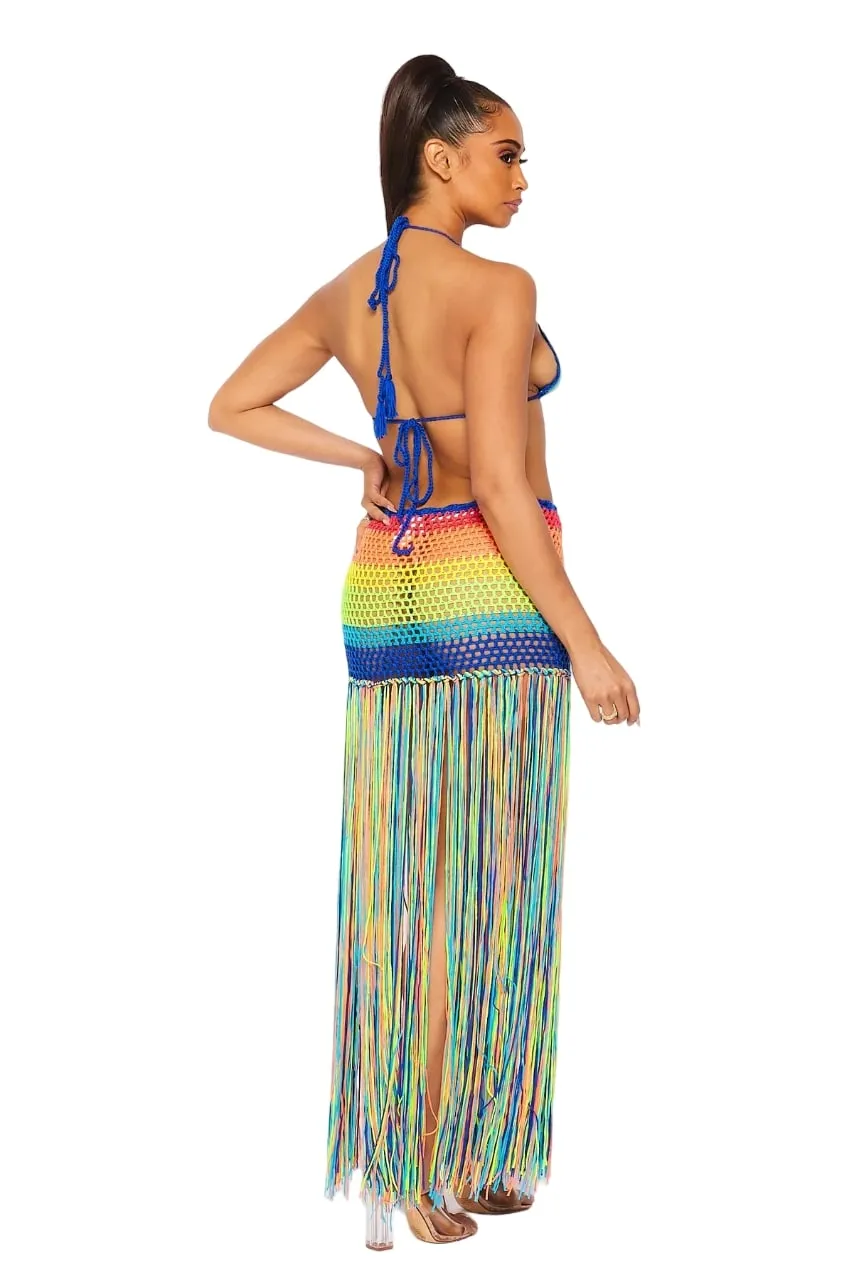 Hot & Delicious Women's Seas The Day Rainbow Fringe Maxi Crochet Bra Top