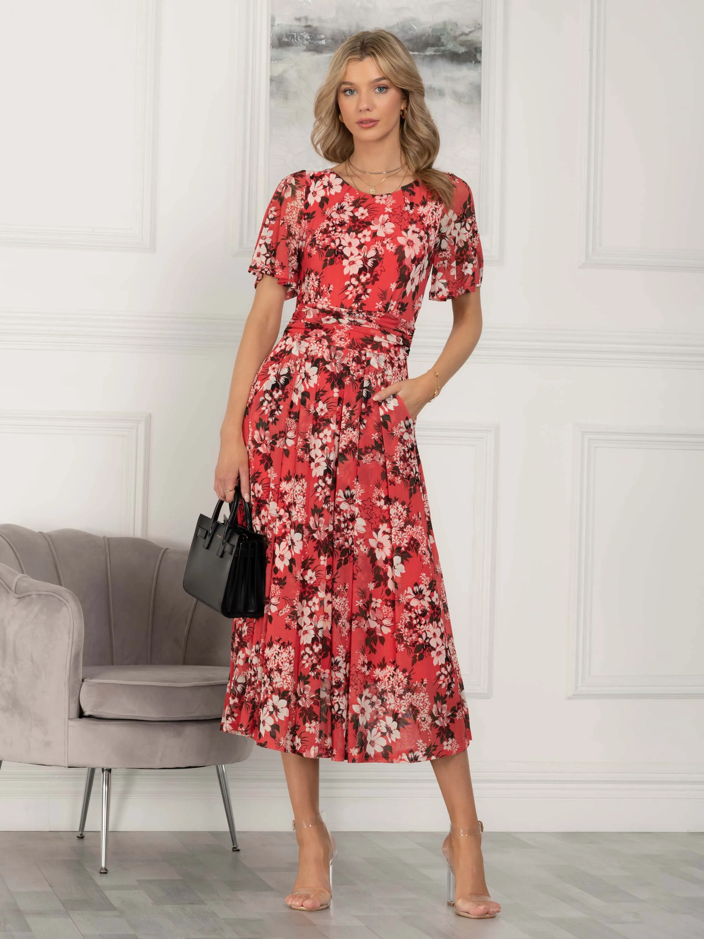 Julita Floral Mesh Midi Dress, Coral