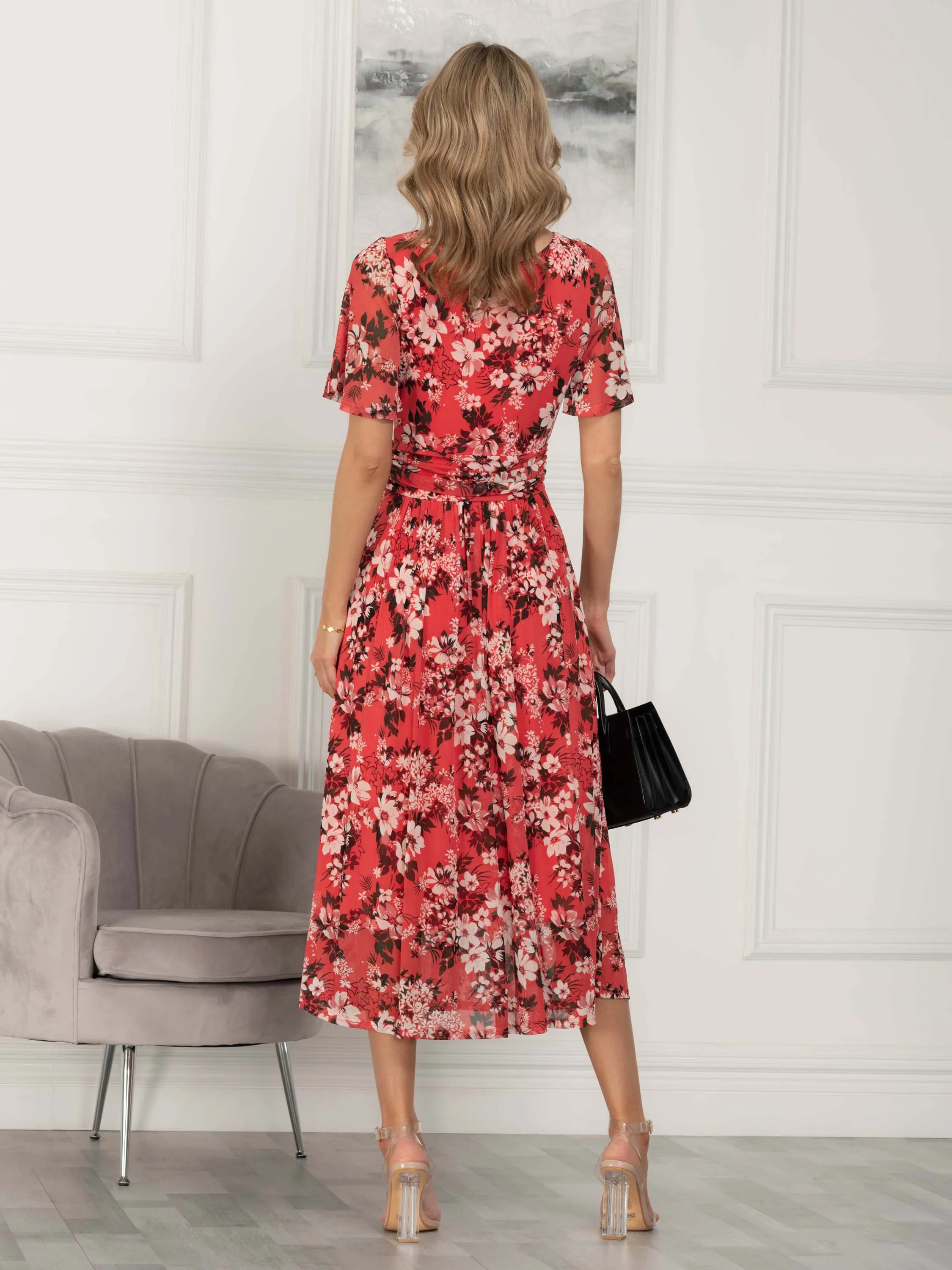 Julita Floral Mesh Midi Dress, Coral