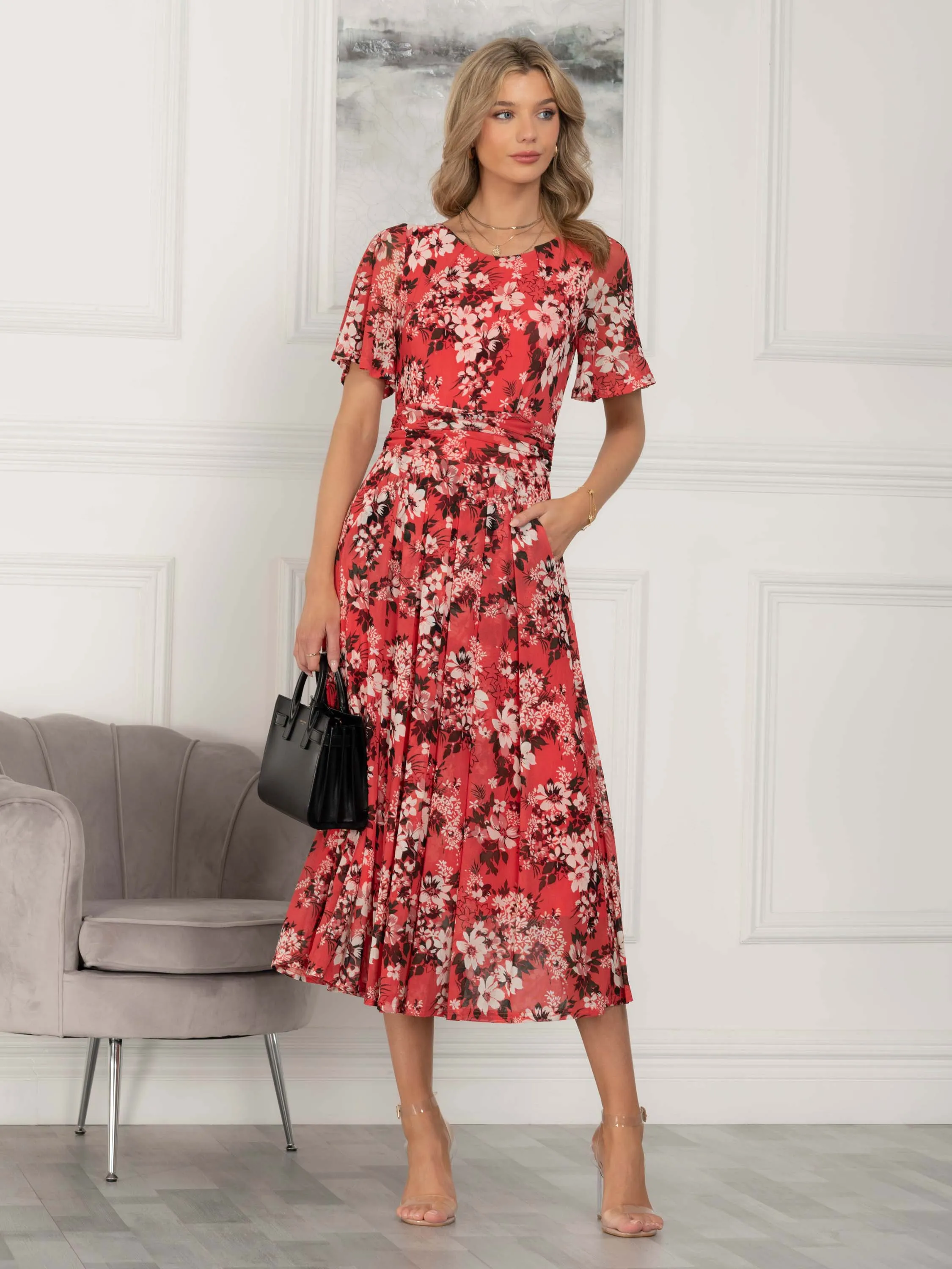 Julita Floral Mesh Midi Dress, Coral