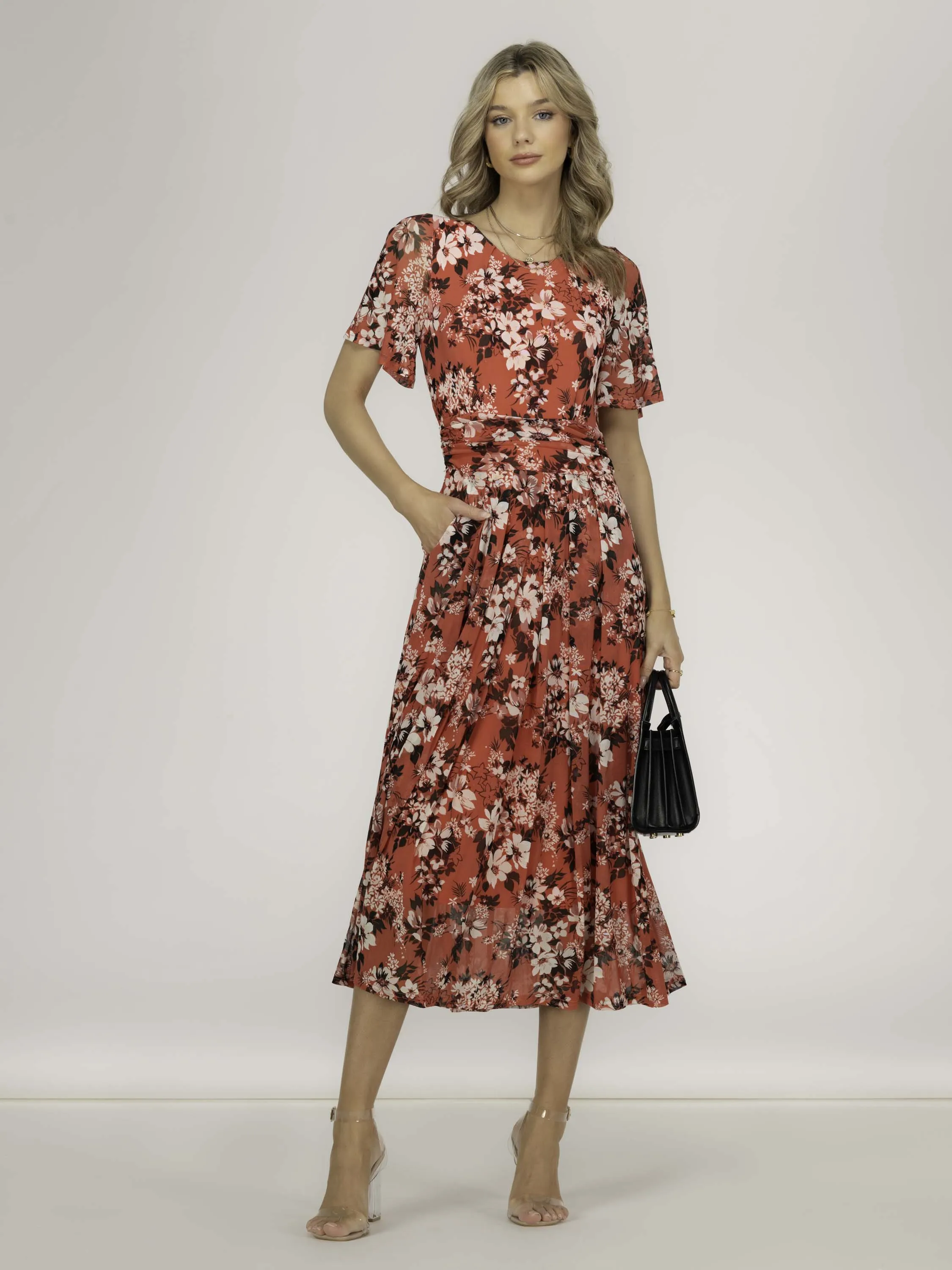 Julita Floral Mesh Midi Dress, Coral