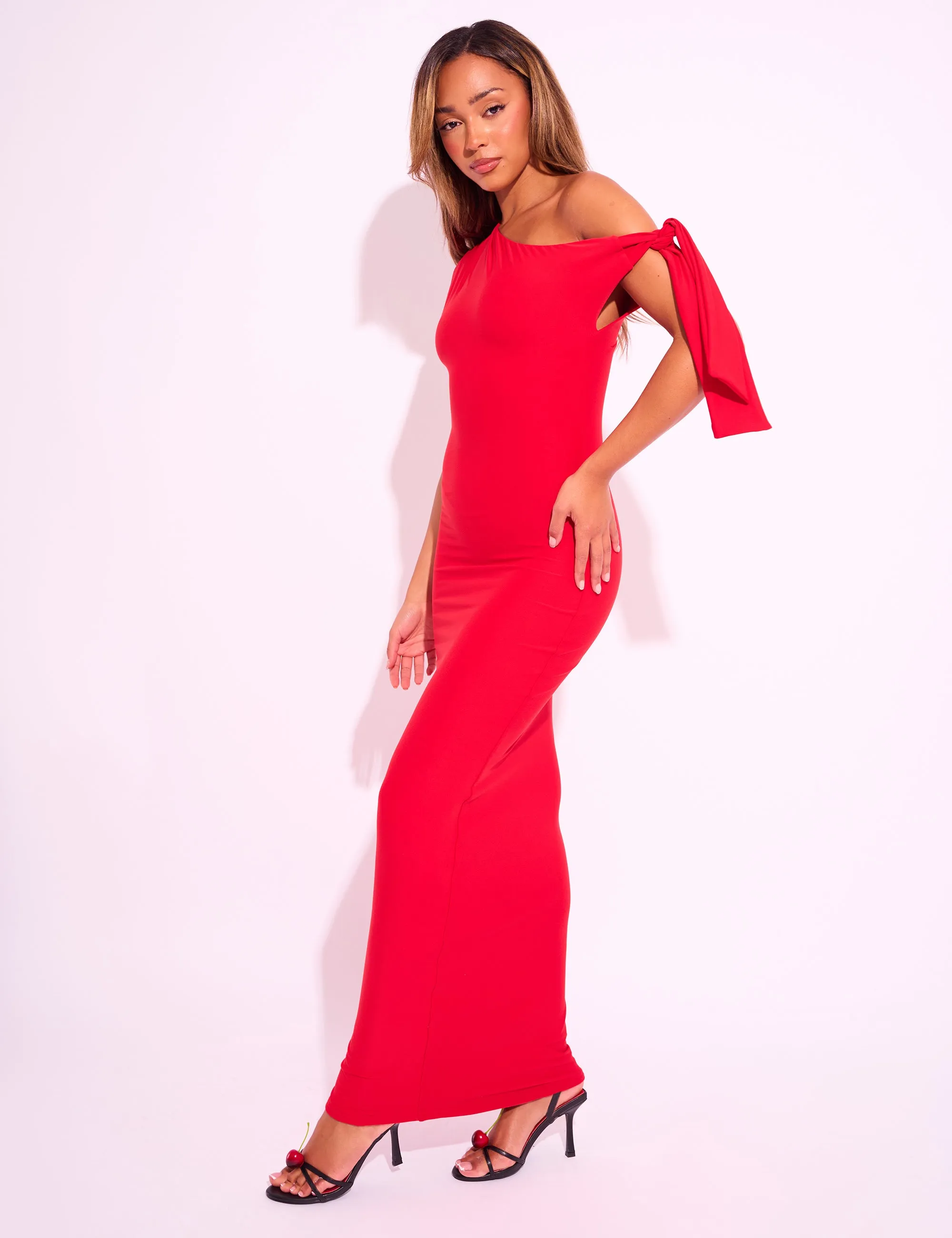 Knot Detail Asymmetric One Shoulder Luxe Slinky Maxi Dress Red