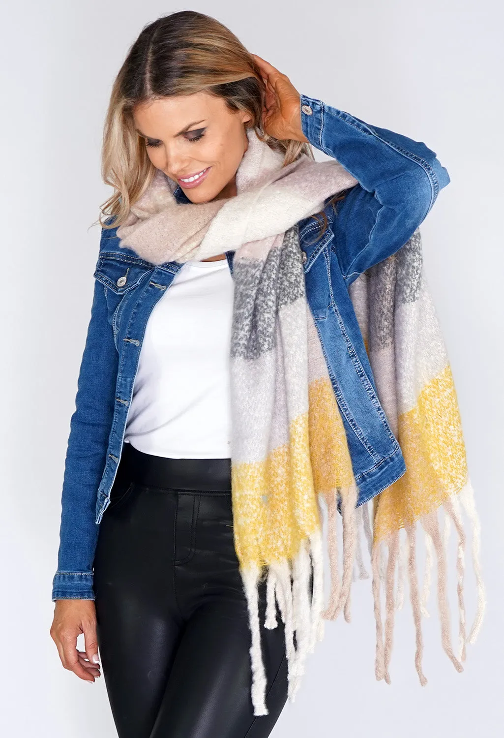 Large Yellow/Grey Panel Soft Woolly Scarf