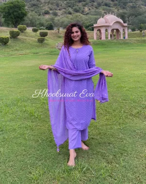 Lavender Chikankari Cotton Kurta Suit Set