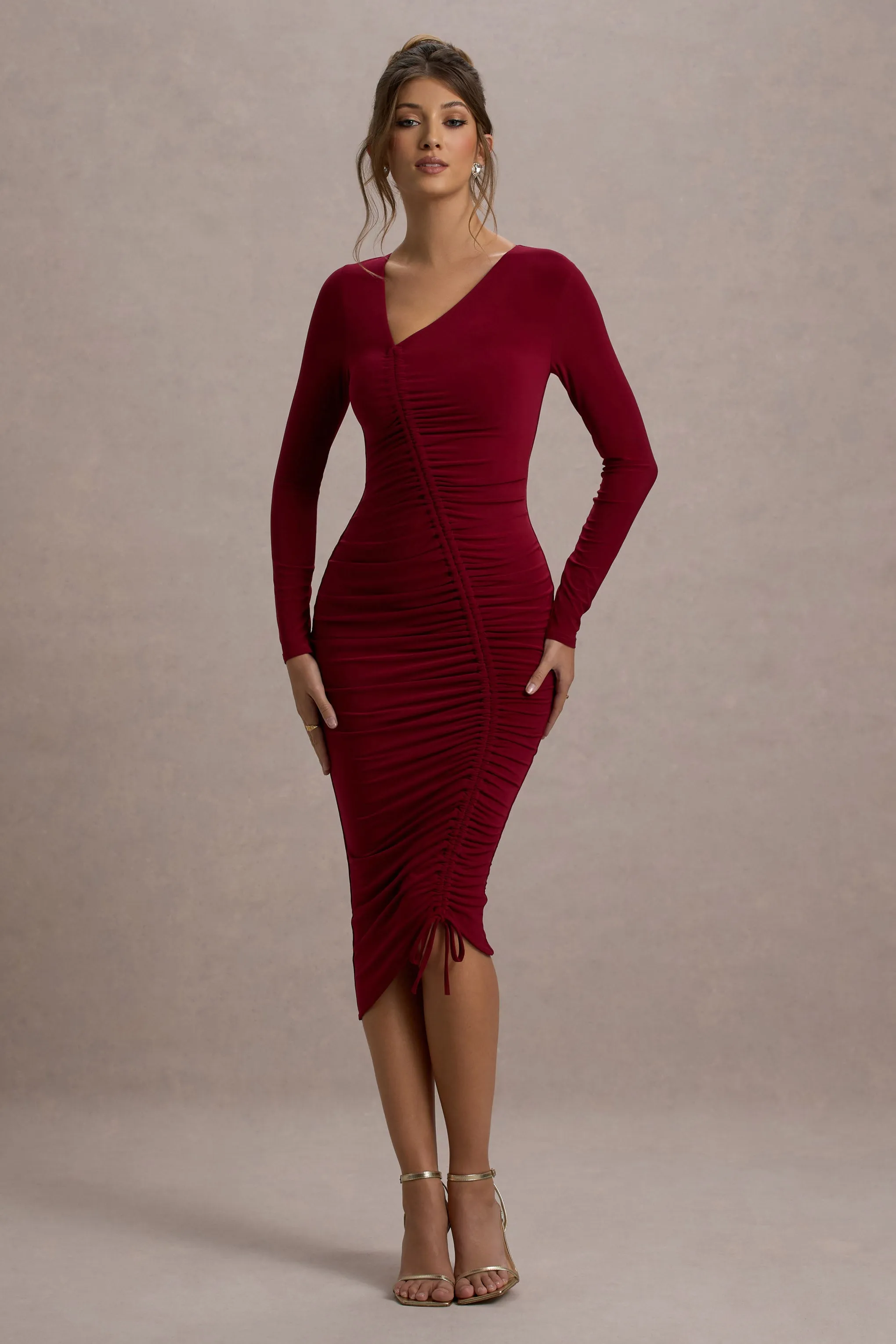 Lilia | Berry Ruched Asymmetric Midi Dress