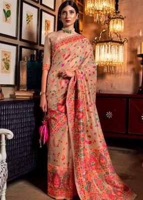 Linen Beige Banarasi Jamawar Woven Silk Saree : Top Pick