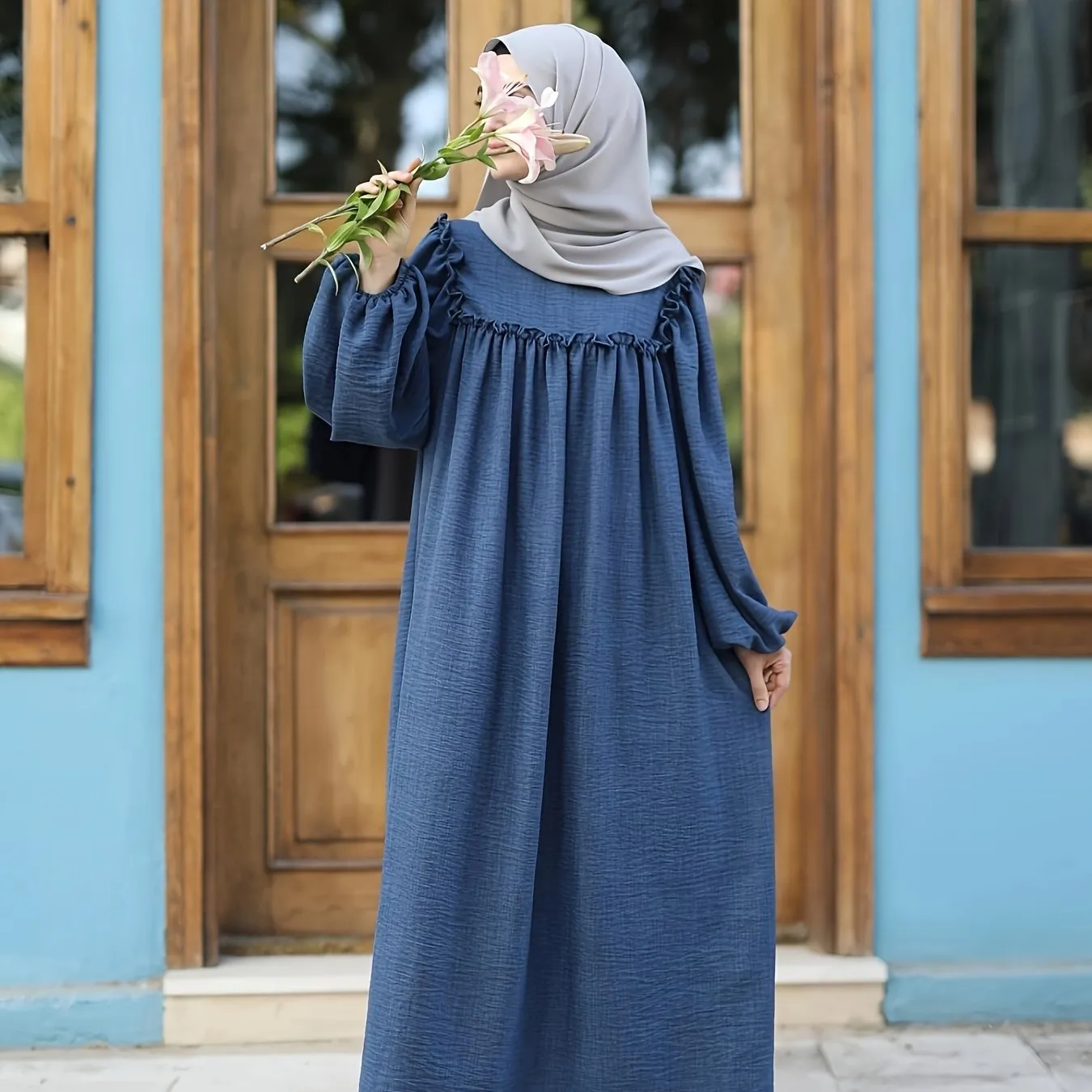 Long Sleeve Elegant Ruffle Trim Lantern Sleeve Maxi Dress - Zipper Front, Non-Stretch Polyester, Loose Fit, Solid Color, Hand Washable, Middle Eastern Inspired Women's Clothing for All Seasons