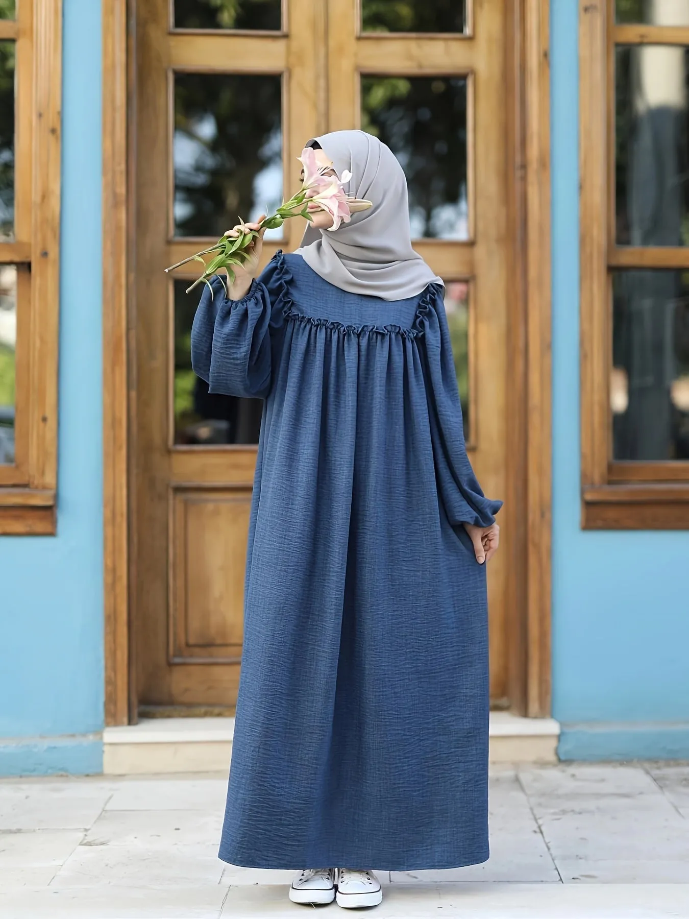 Long Sleeve Elegant Ruffle Trim Lantern Sleeve Maxi Dress - Zipper Front, Non-Stretch Polyester, Loose Fit, Solid Color, Hand Washable, Middle Eastern Inspired Women's Clothing for All Seasons