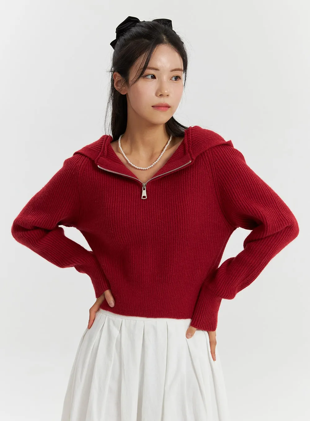 Long Sleeve Solid Zipper Pocket Knit Hoodie OD320