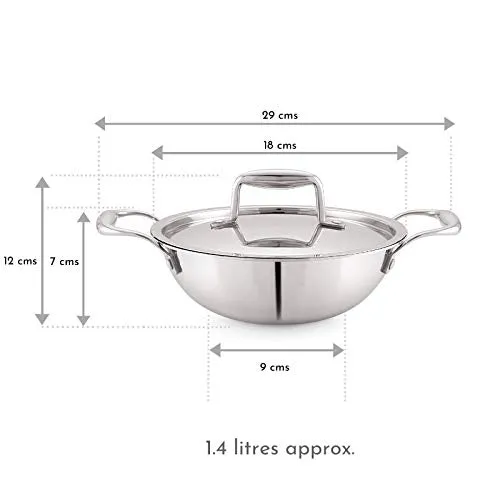 Magnus Triply Stainless Steel Kadai with Stainless Steel Lid,18 cm,1.4 L (Induction and Gas Stove Compatible), Silver, Small (Model Number: Triply Kadhai)