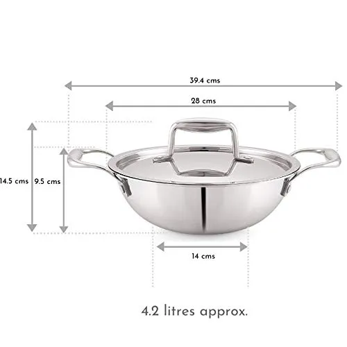 Magnus Triply Stainless Steel Kadai with Stainless Steel Lid,28 cm,4.2 L (Induction and Gas Stove Compatible)