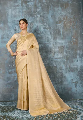 Marvellous Beige Kanjivaram Silk Saree With Snappy Blouse Piece