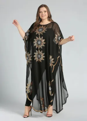 MECALA Women's Floral Sequin Embroidered Kaftan Plus Size Caftan beach cover