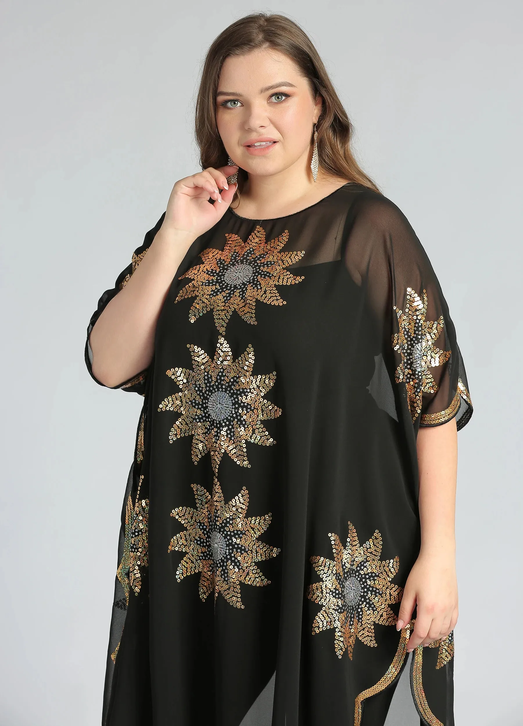 MECALA Women's Floral Sequin Embroidered Kaftan Plus Size Caftan beach cover