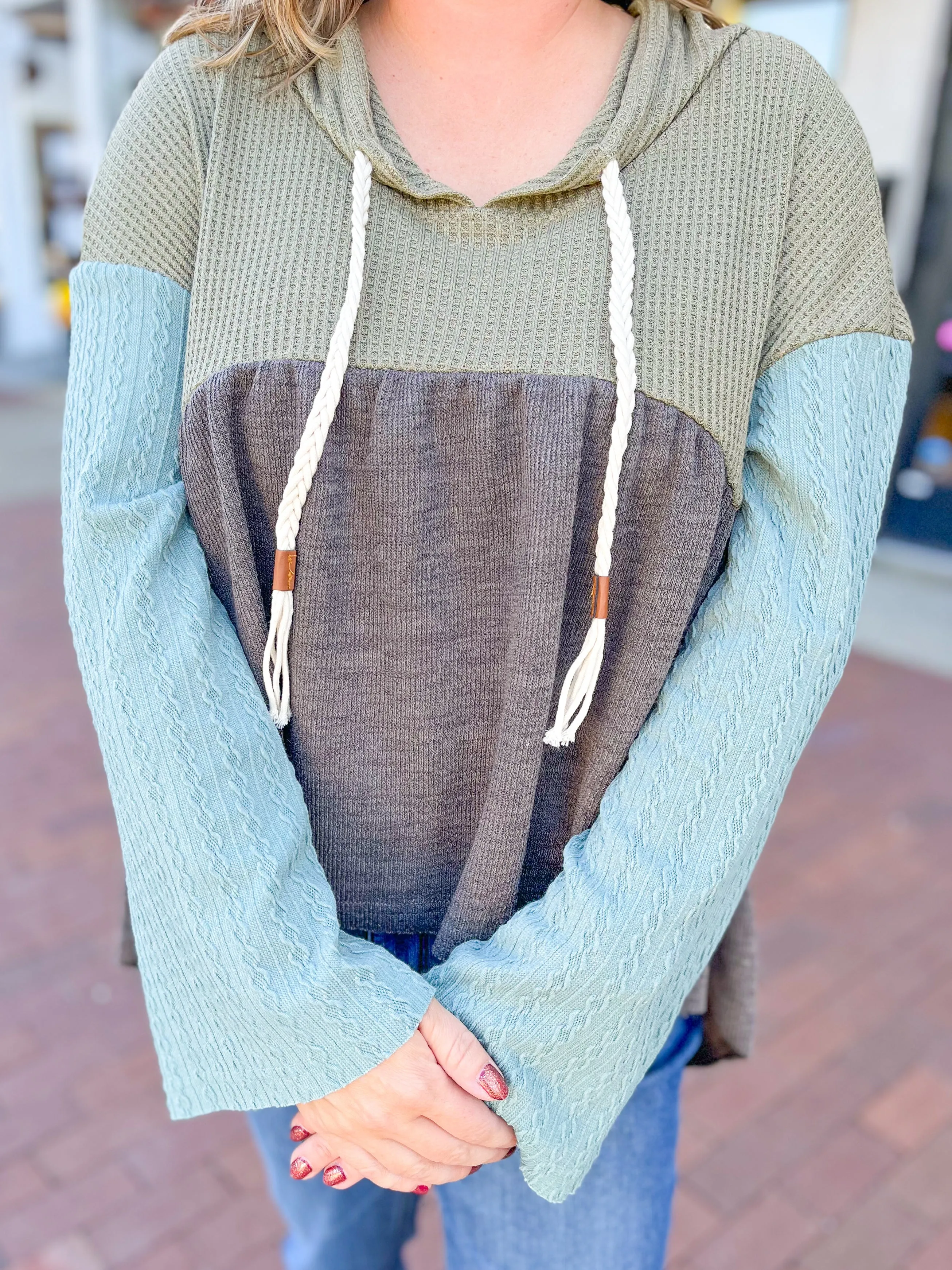 Mixed Knit Babydoll Hooded Top