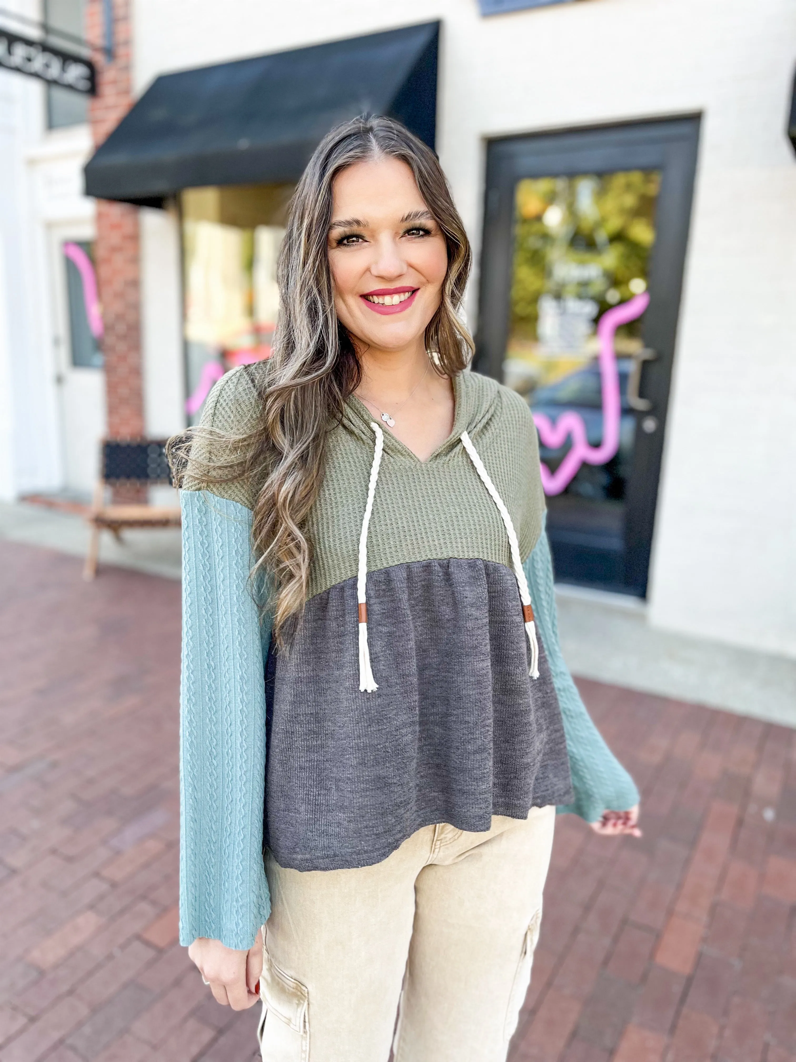 Mixed Knit Babydoll Hooded Top