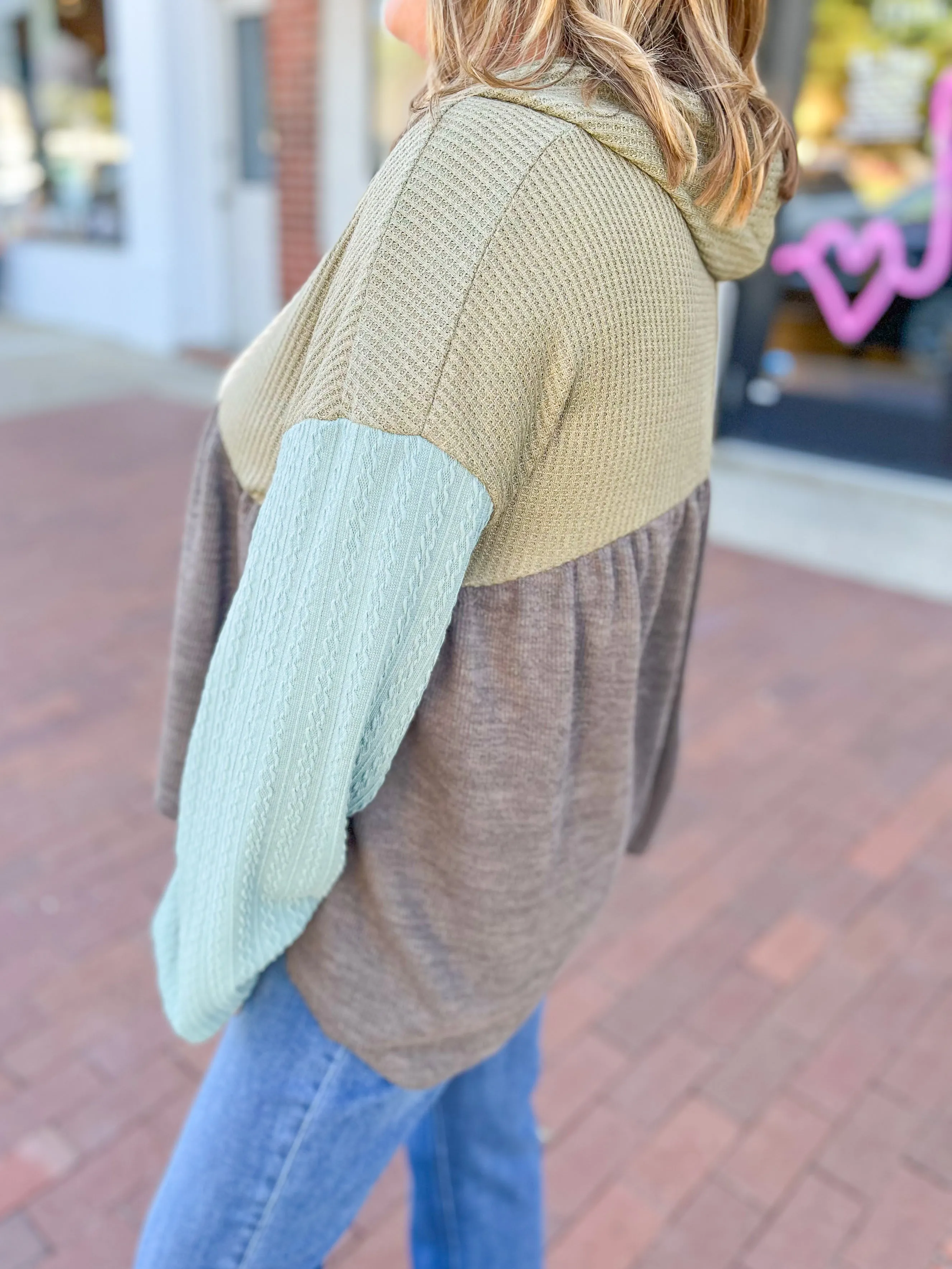 Mixed Knit Babydoll Hooded Top