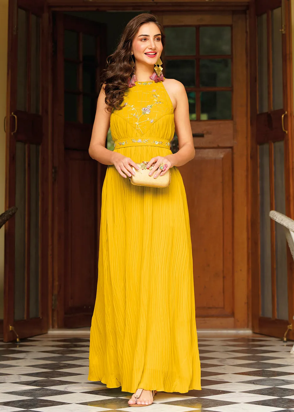 Mustard Yellow Georgette Embellished Indo Western Maxi Gown