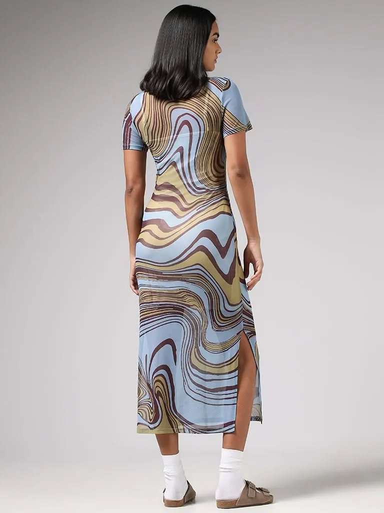 Nuon Light Blue Abstract Printed High-Slit Bodycon Dress