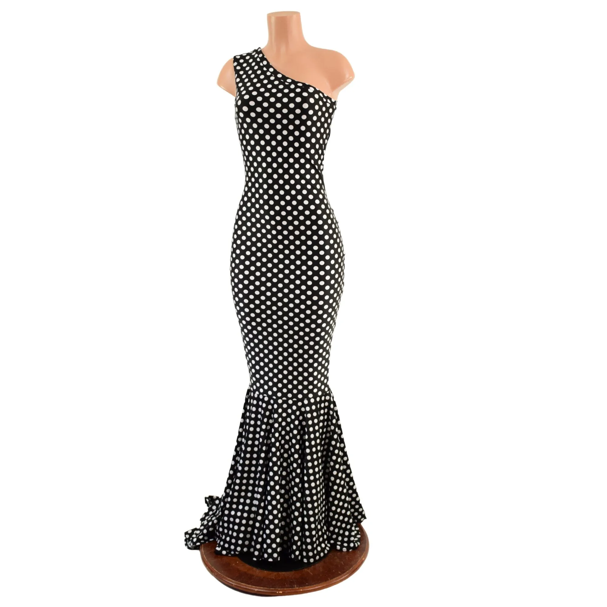 One Shoulder Black and White Polka Dot Puddle Train Gown