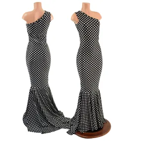 One Shoulder Black and White Polka Dot Puddle Train Gown