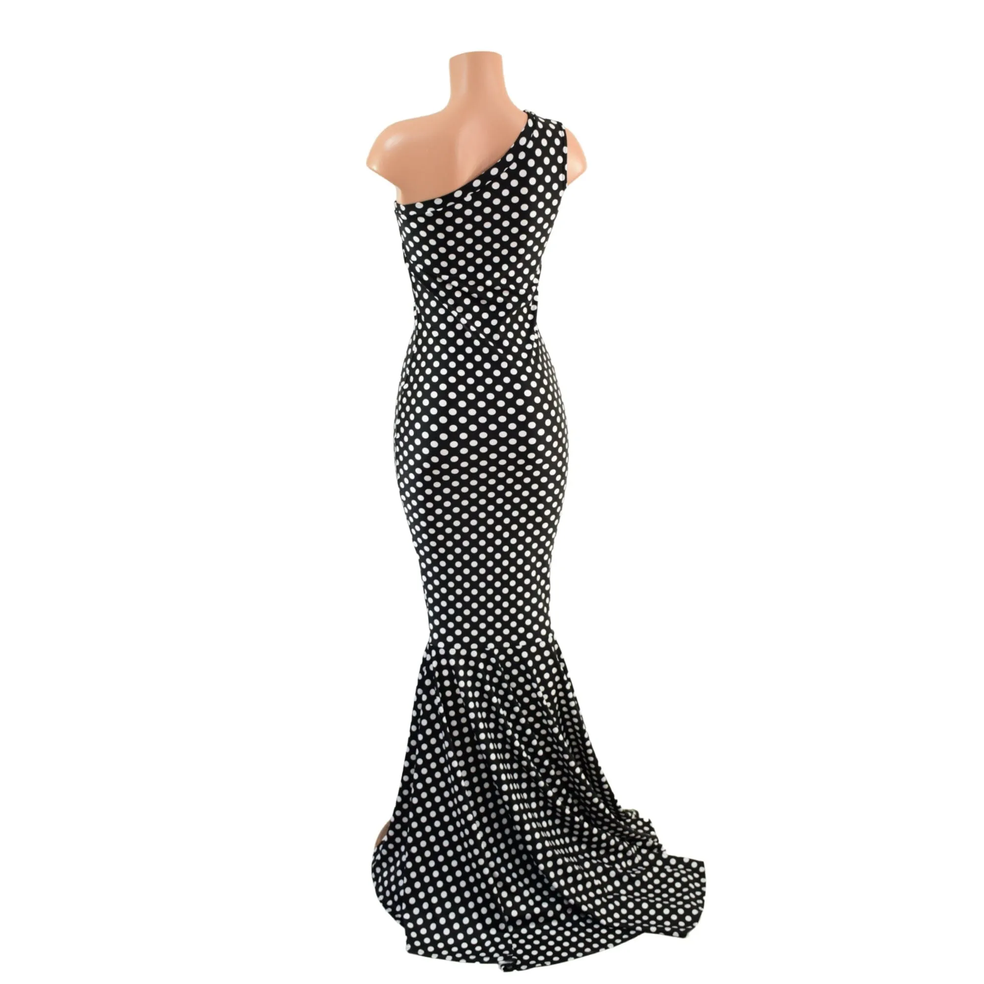 One Shoulder Black and White Polka Dot Puddle Train Gown